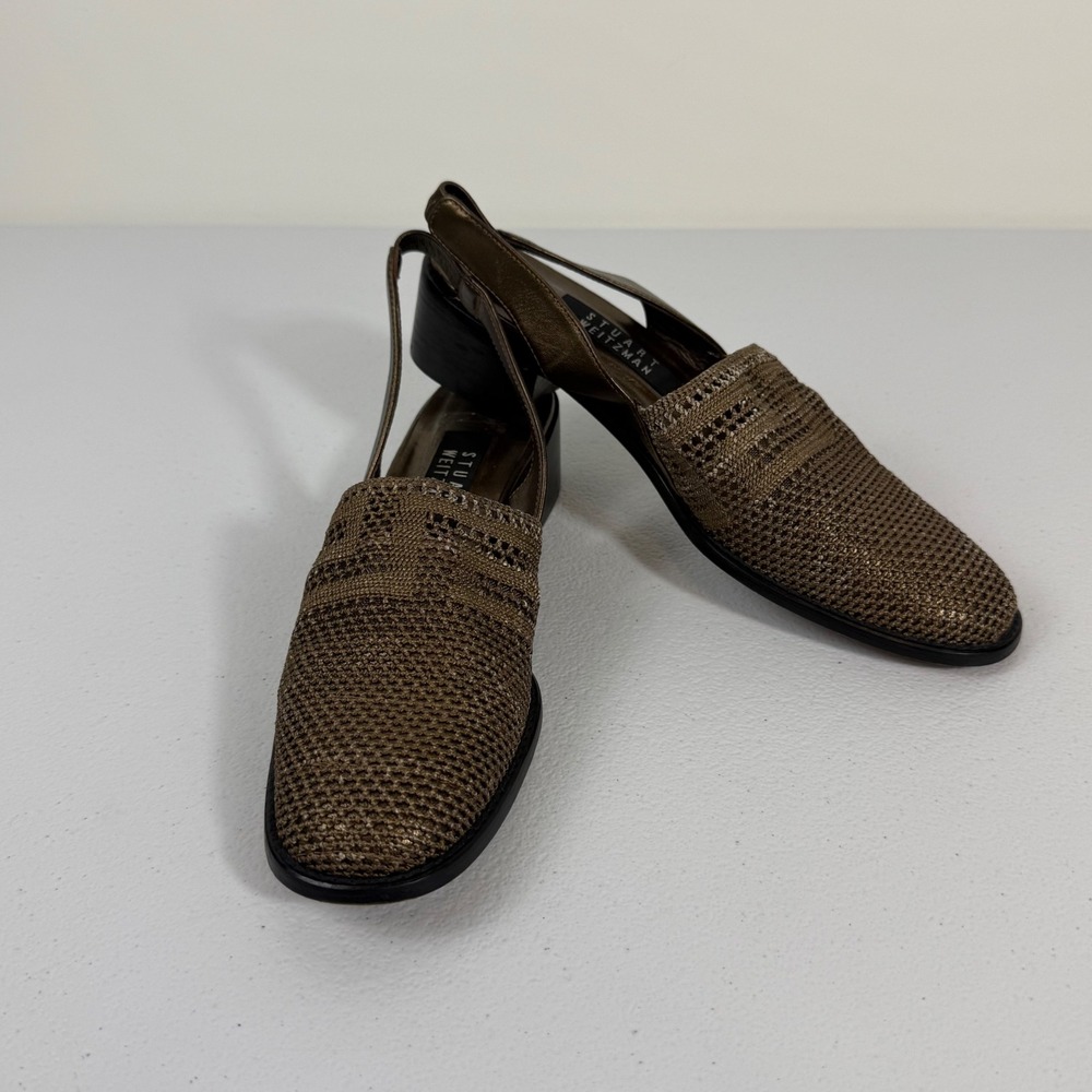 Stuart Weitzman Bronze Metallic Knit Slingback Block Heels Made in Spain 8W